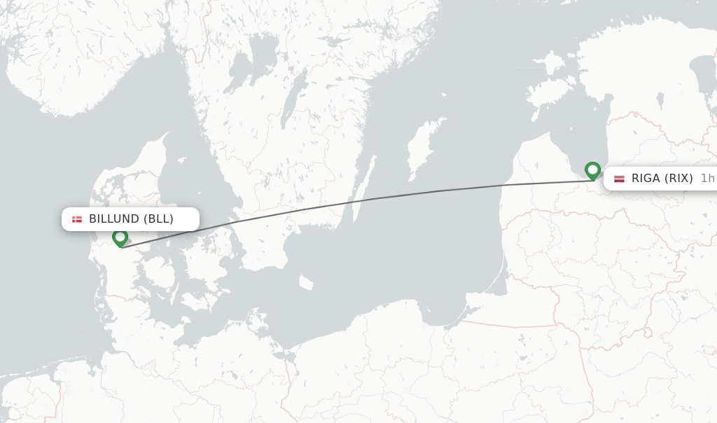 Flights from Billund to Riga route map