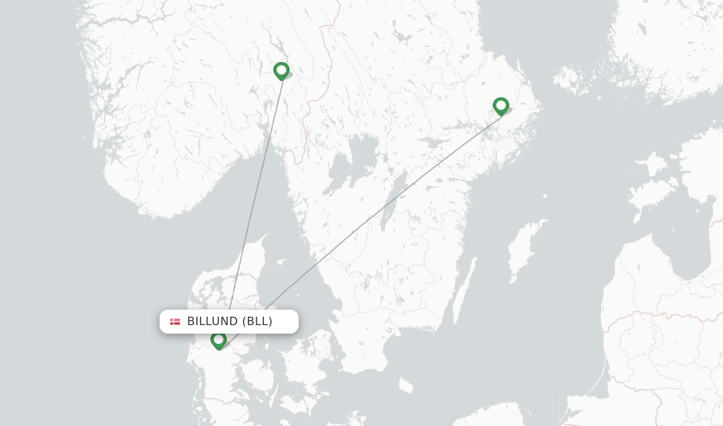 Route map with flights from Billund with SAS