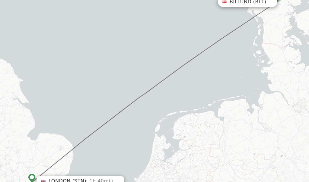 Flights from Billund to London route map
