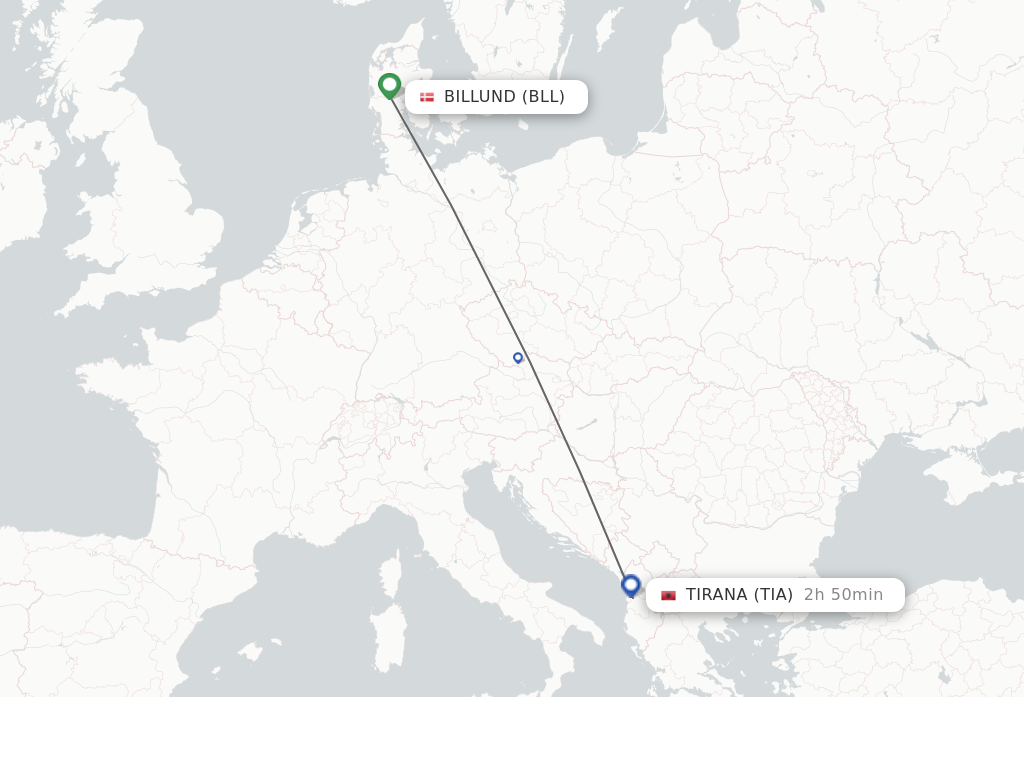 Flights from Billund to Tirana route map