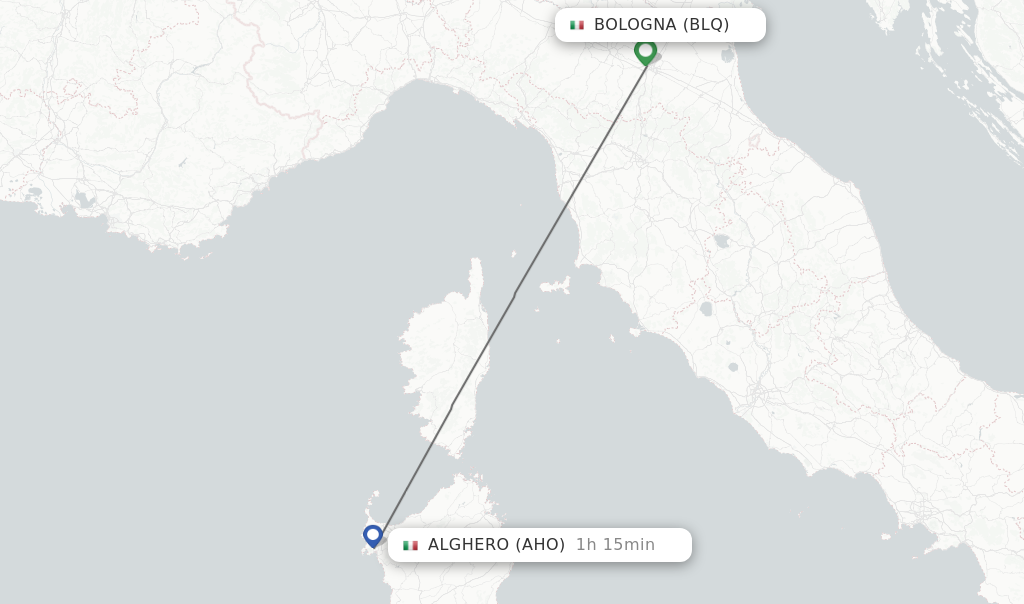 Flights from Bologna to Alghero route map
