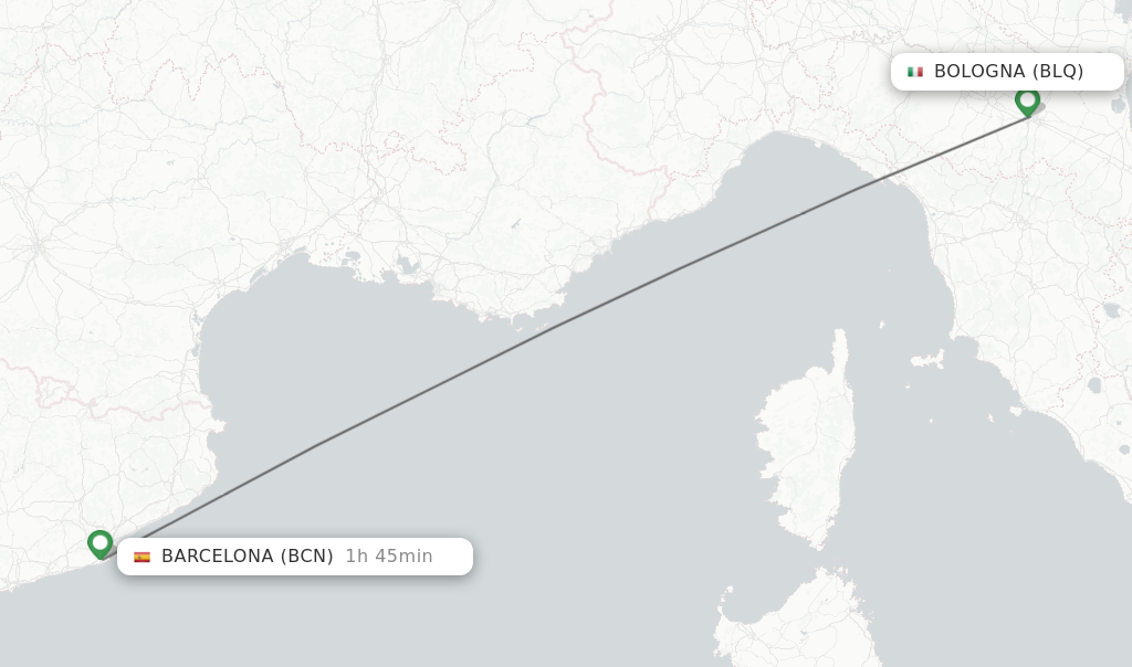 Flights from Bologna to Barcelona route map