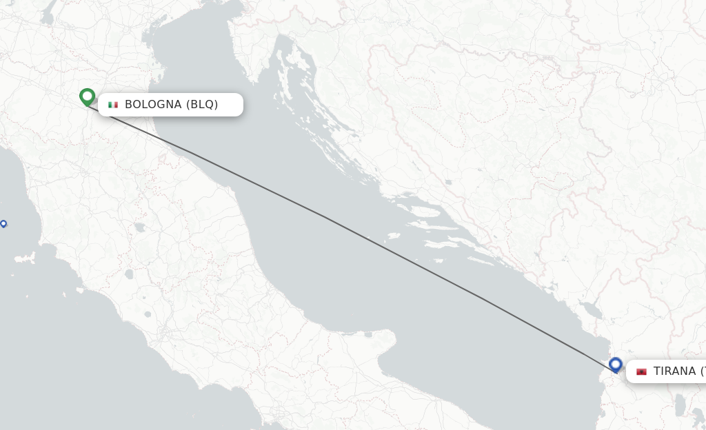 Flights from Bologna to Tirana route map