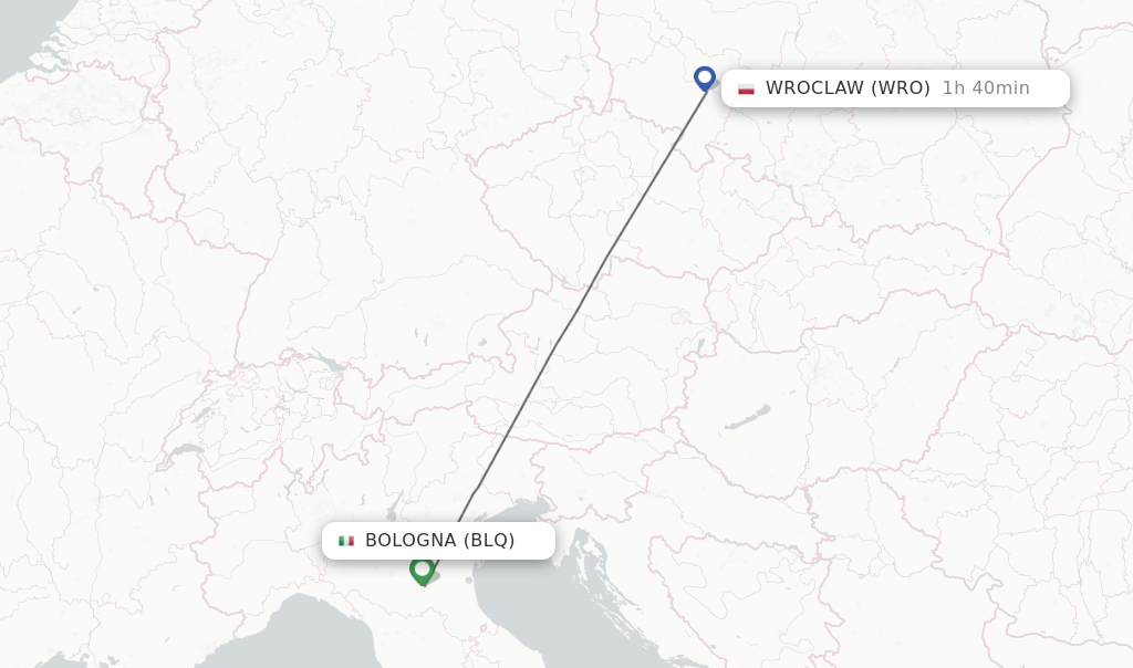 Flights from Bologna to Wroclaw route map