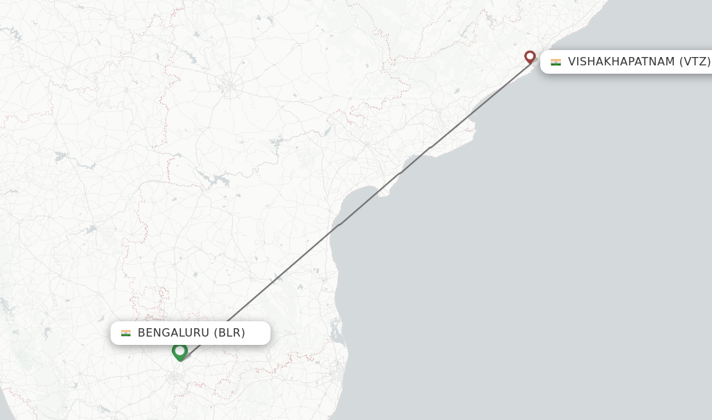 Flights from Bengaluru to Vishakhapatnam route map