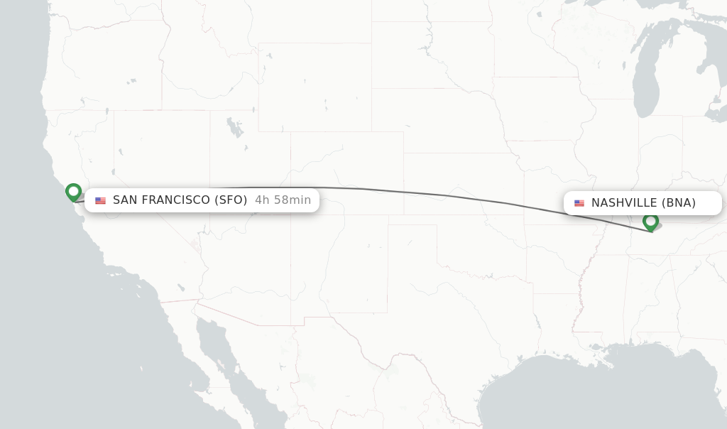 Flights from Nashville to San Francisco route map