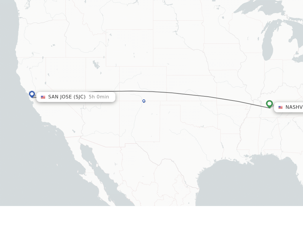 Flights from Nashville to San Jose route map