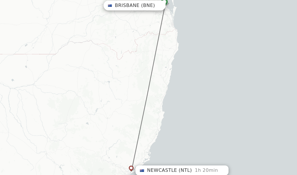 Flights from Brisbane to Newcastle route map