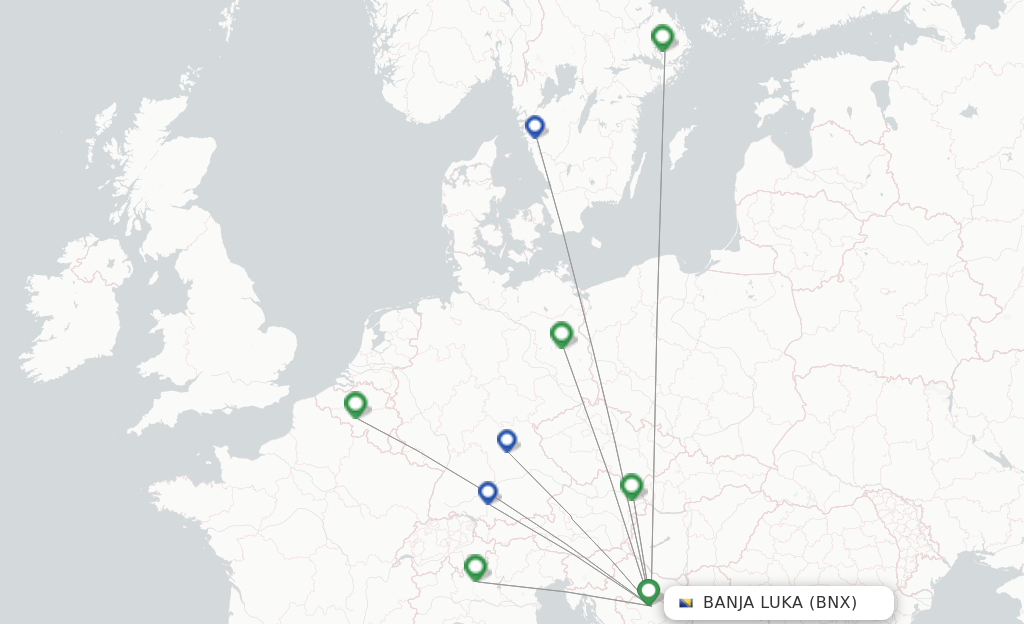 Route map with flights from Banja Luka with Ryanair