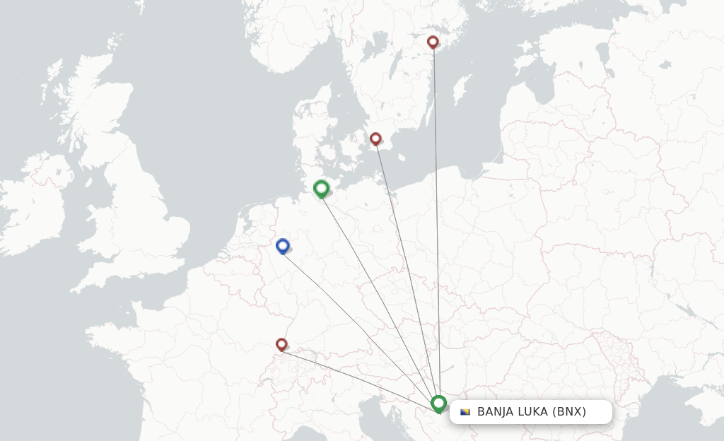 Route map with flights from Banja Luka with Wizz Air