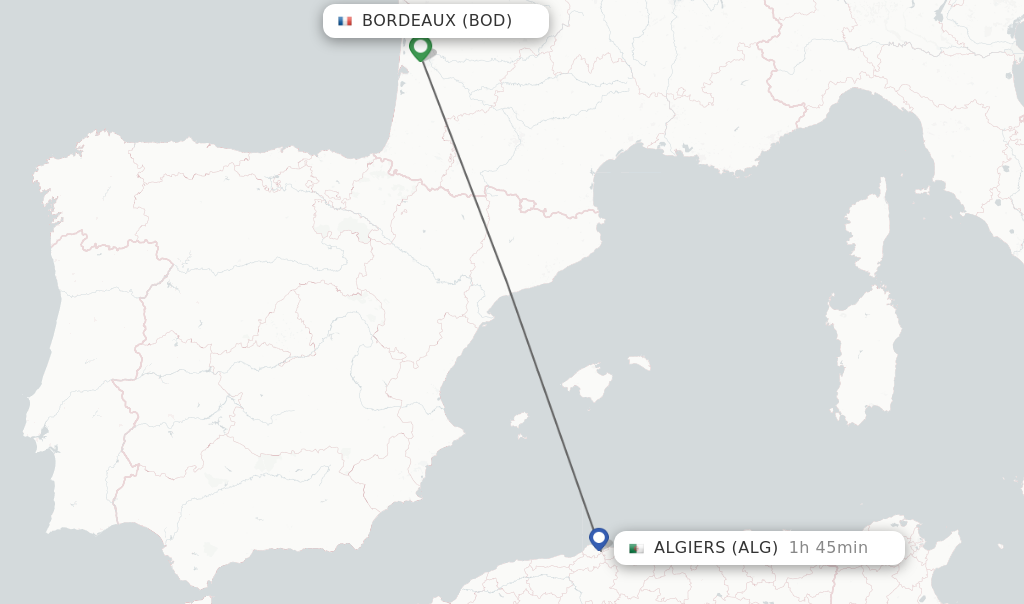 Flights from Bordeaux to Algiers route map
