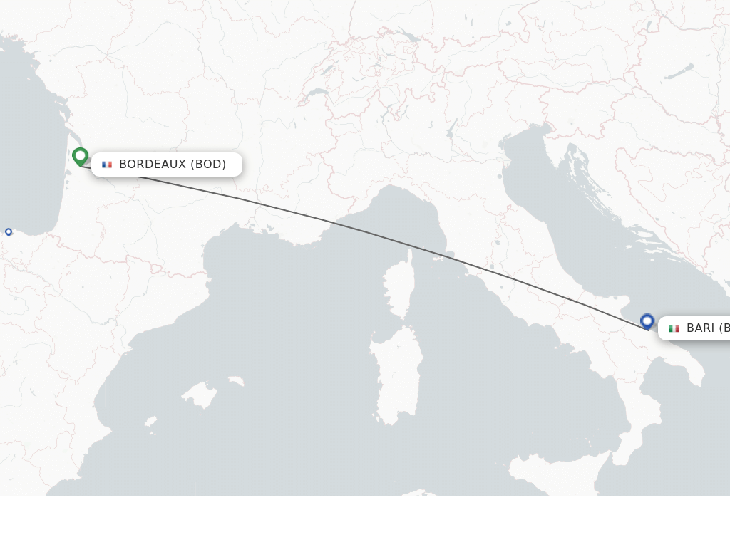 Flights from Bordeaux to Bari route map