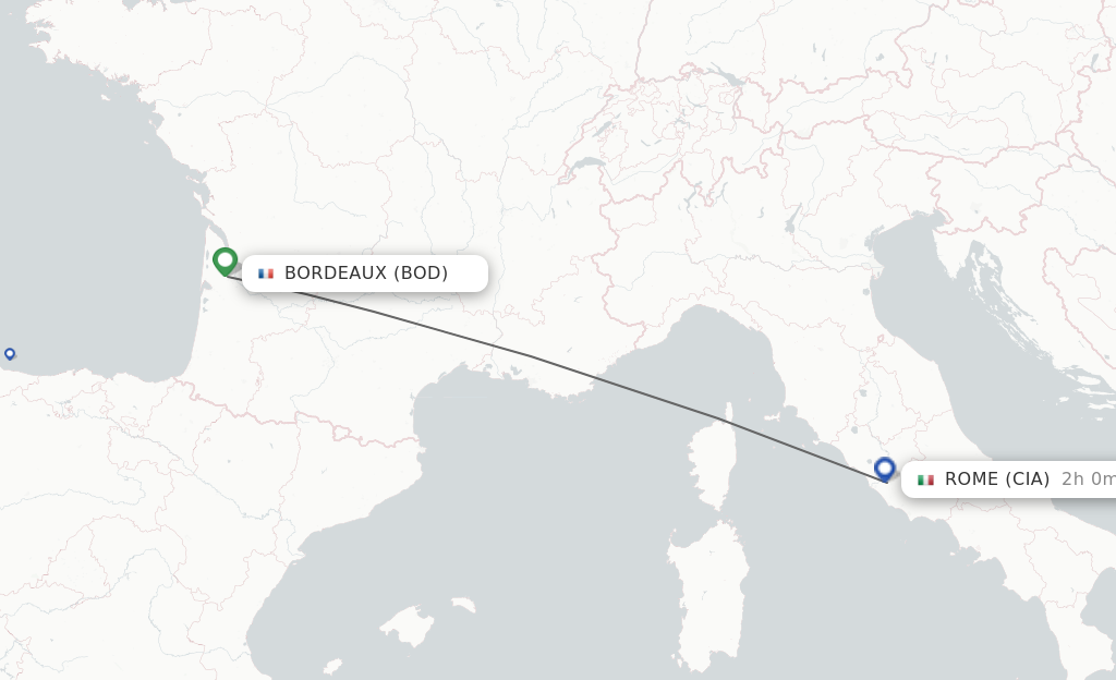 Flights from Bordeaux to Rome route map