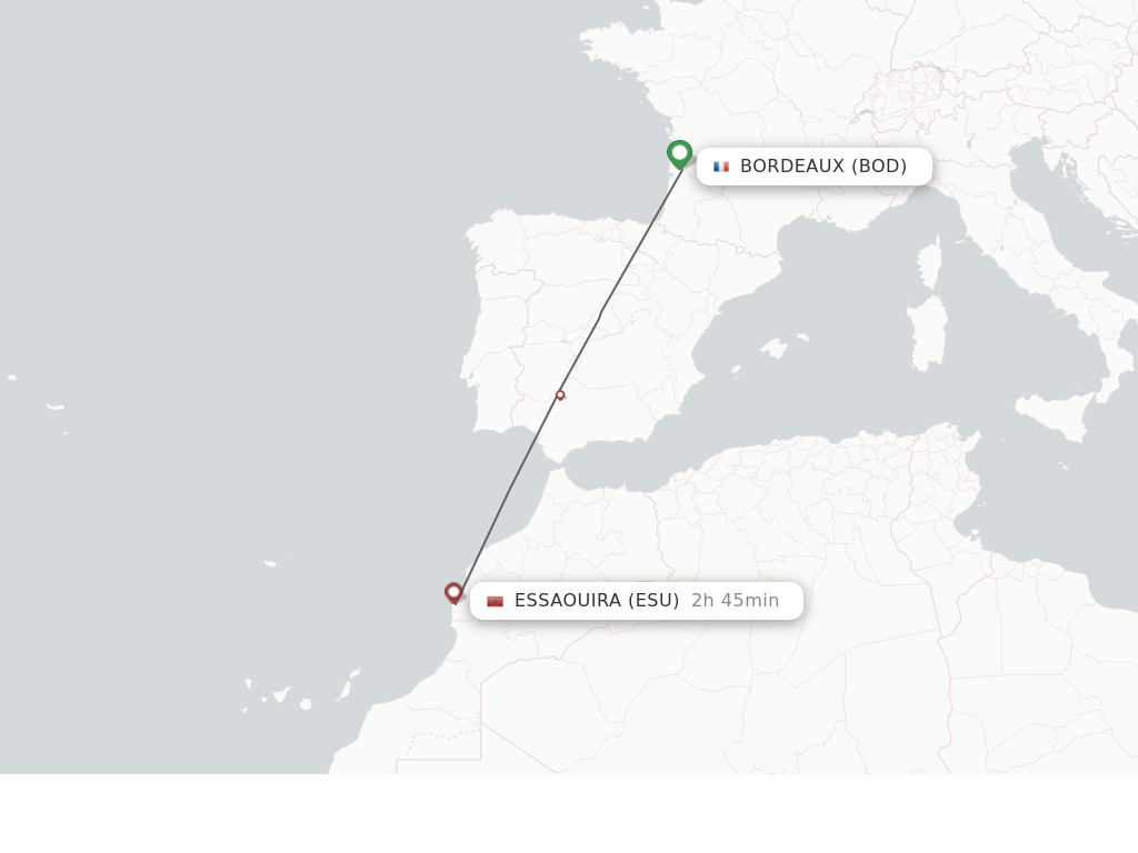 Flights from Bordeaux to Essaouira route map