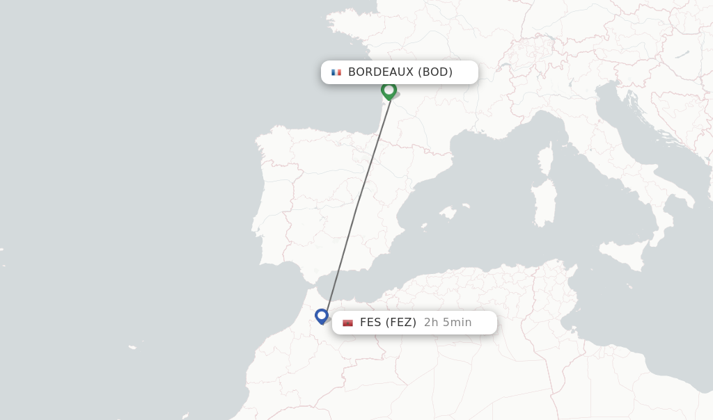 Flights from Bordeaux to Fes route map