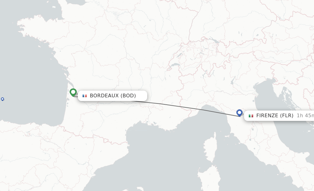 Flights from Bordeaux to Florence route map