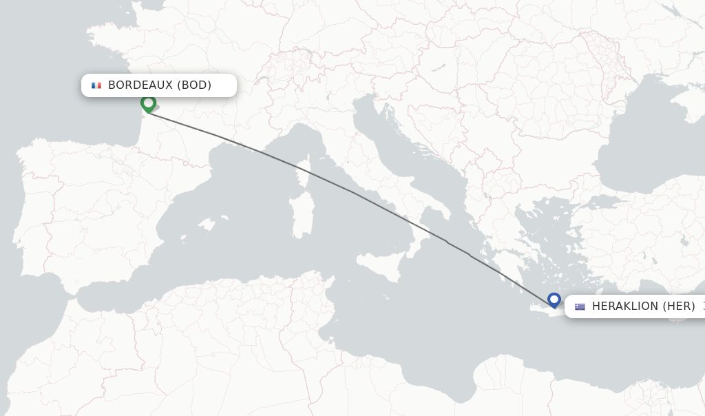 Flights from Bordeaux to Heraklion route map
