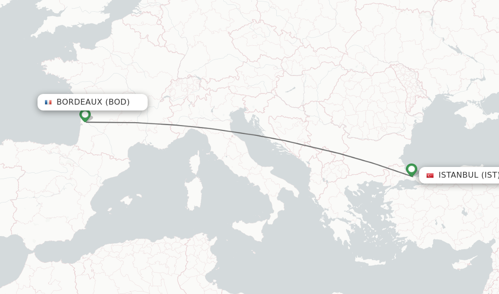 Flights from Bordeaux to Istanbul route map