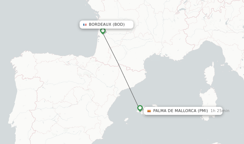 Flights from Bordeaux to Palma de Mallorca route map