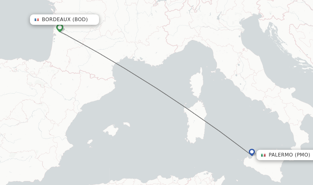 Flights from Bordeaux to Palermo route map