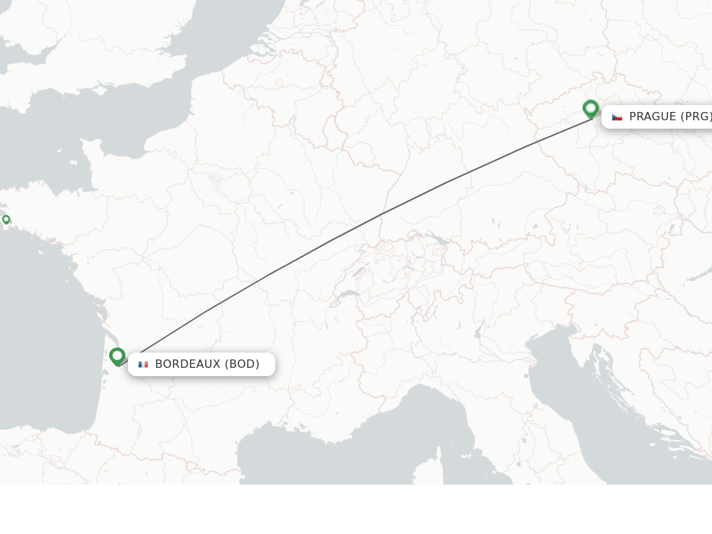Flights from Bordeaux to Prague route map