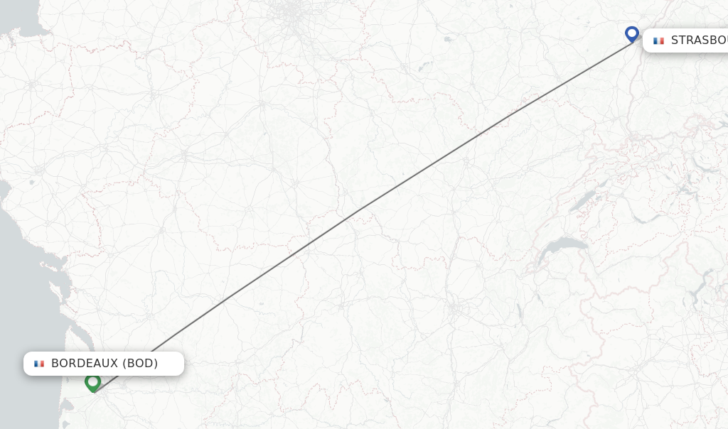 Flights from Bordeaux to Strasbourg route map