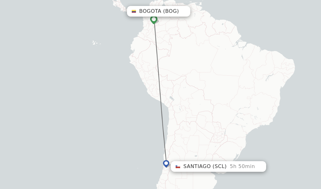 Flights from Bogota to Santiago route map