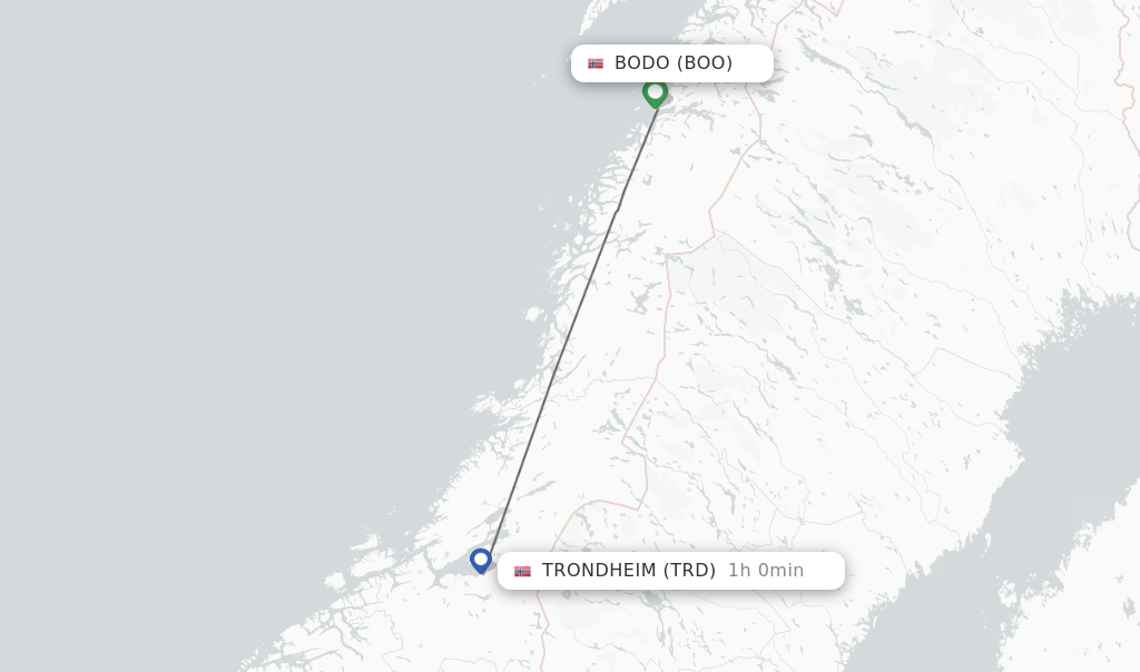 Flights from Bodo to Trondheim route map