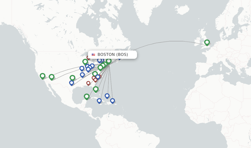 Route map with flights from Boston with American Airlines