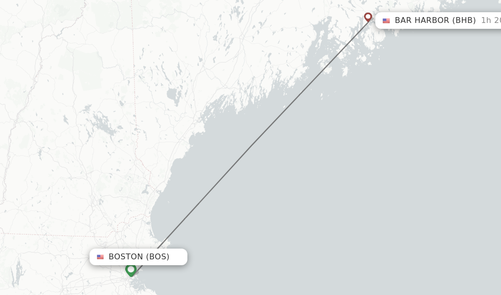 Flights from Boston to Bar Harbor route map