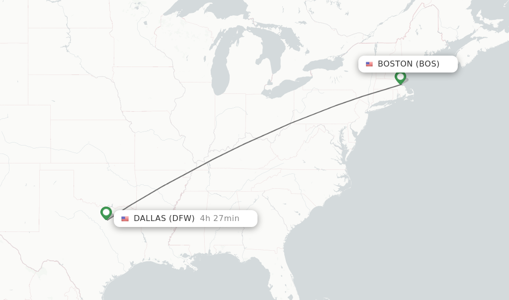 Flights from Boston to Dallas route map