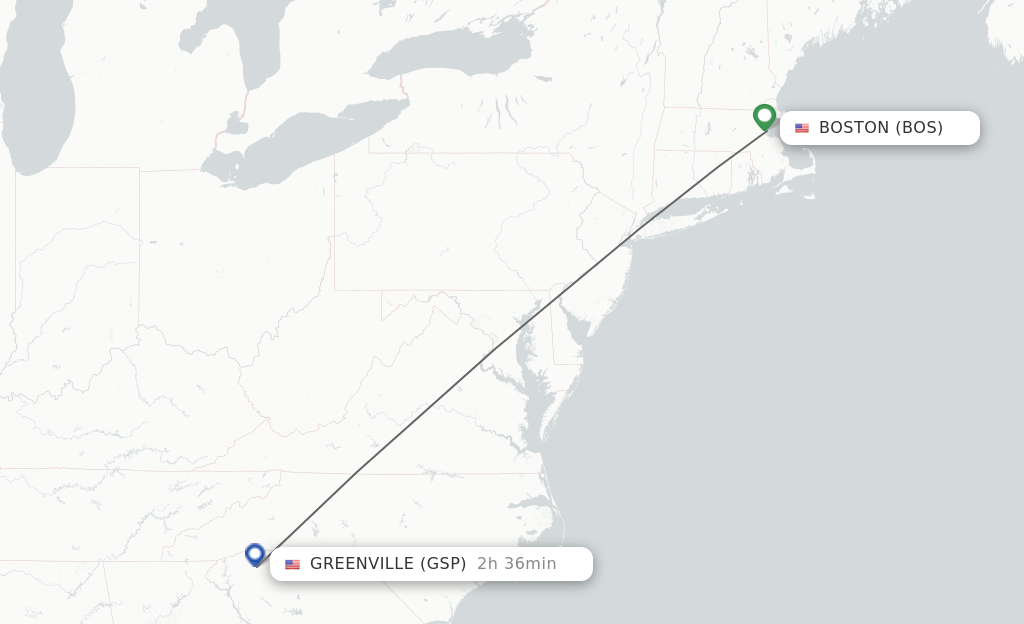 Flights from Boston to Greenville route map