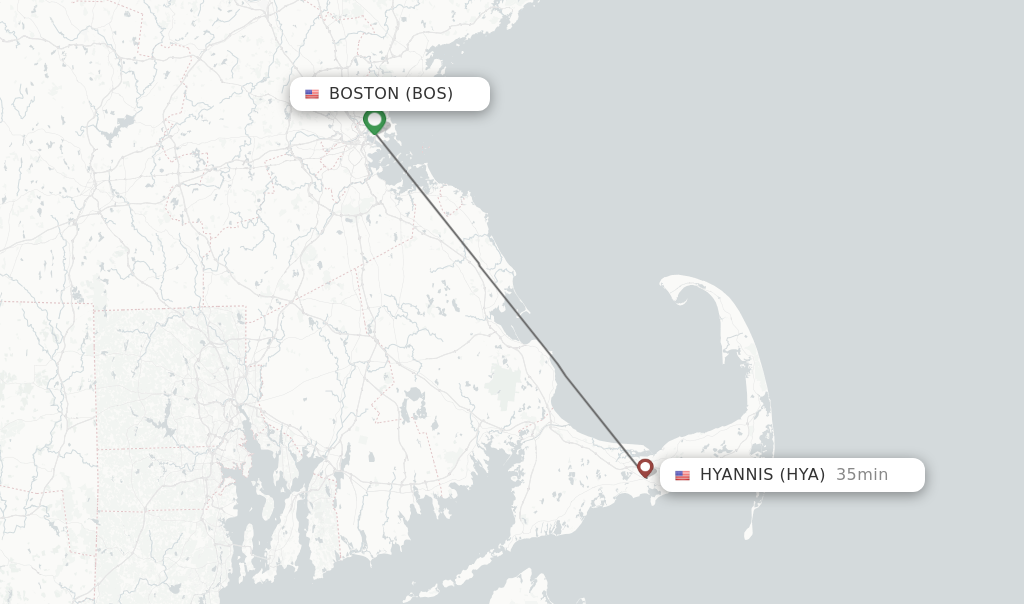 Flights from Boston to Hyannis route map
