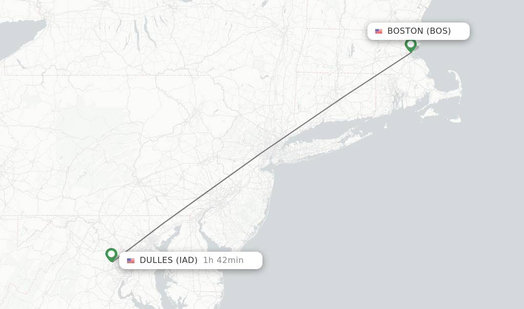 Flights from Boston to Washington route map