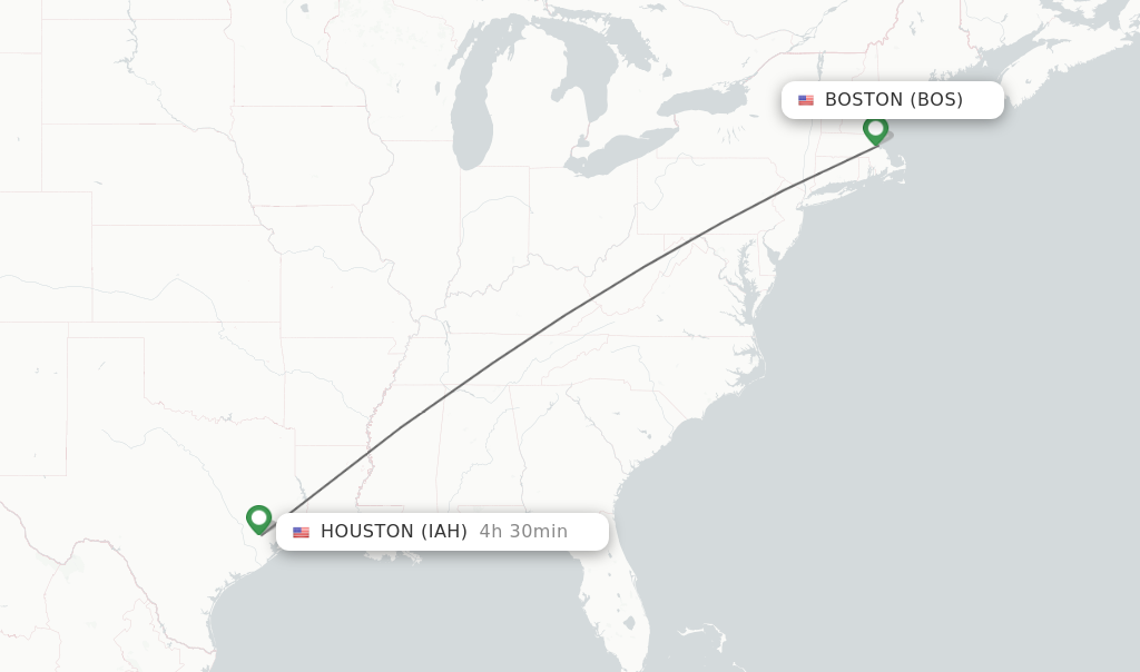 Flights from Boston to Houston route map