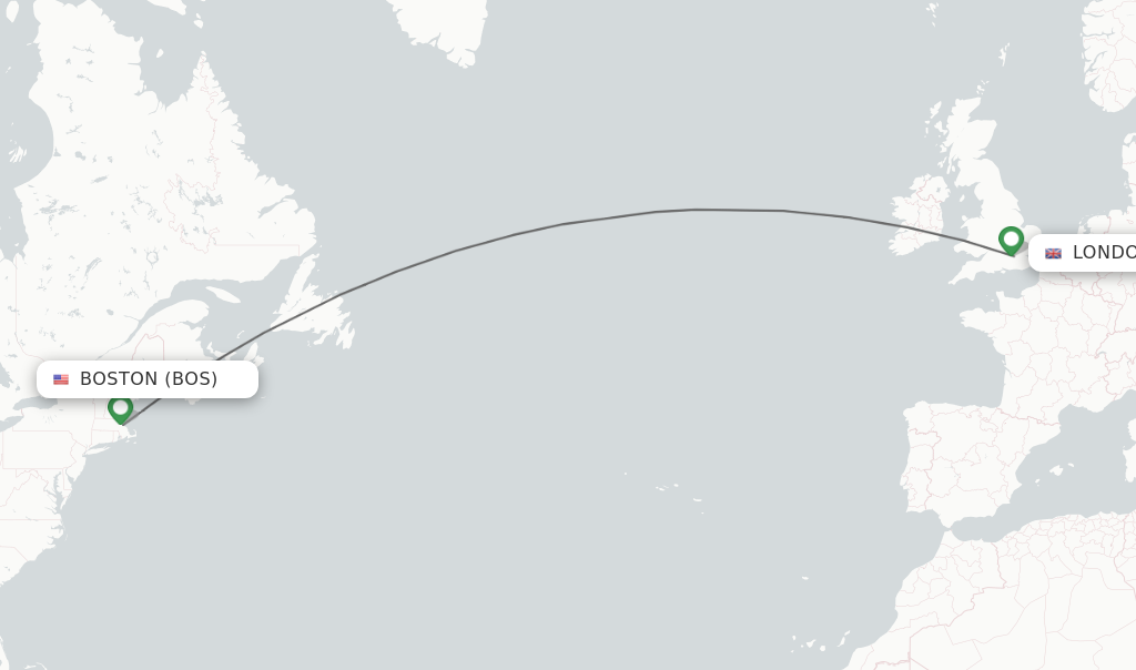 Flights from Boston to London route map