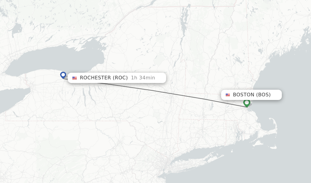 Flights from Boston to Rochester route map