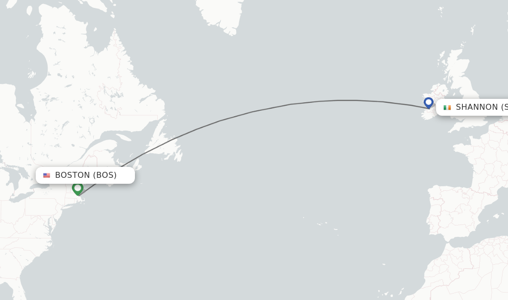 Flights from Boston to Shannon route map