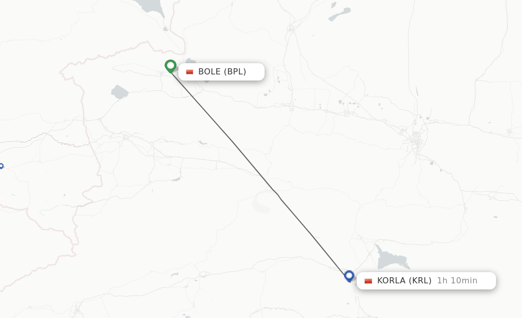 Flights from Bole to Korla route map
