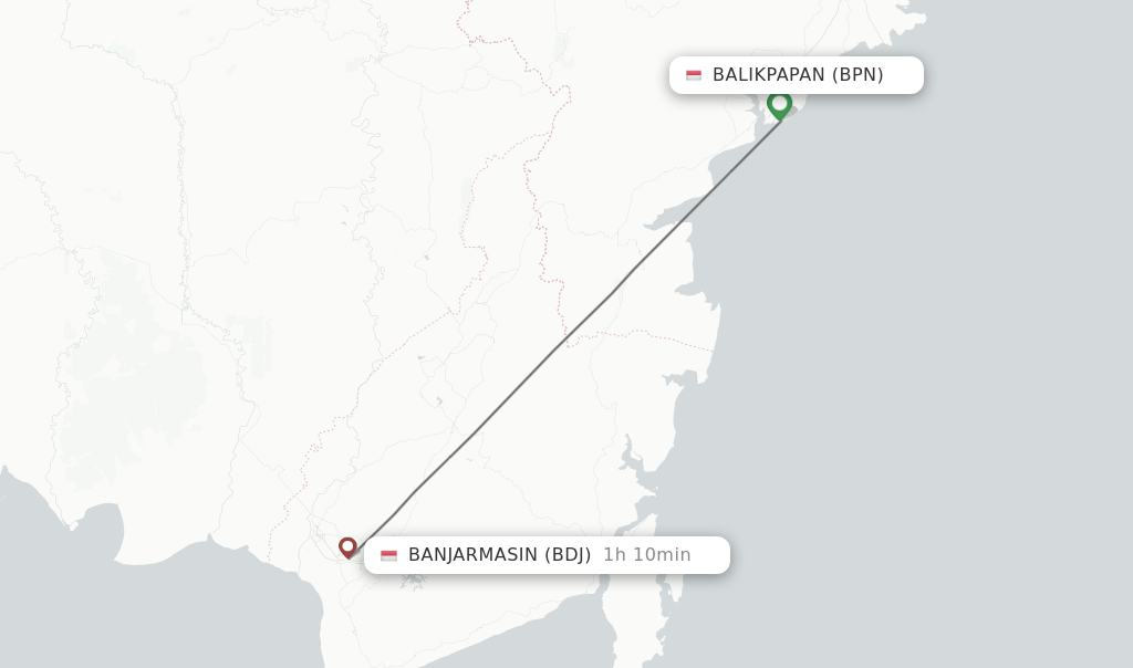 Flights from Balikpapan to Banjarmasin route map