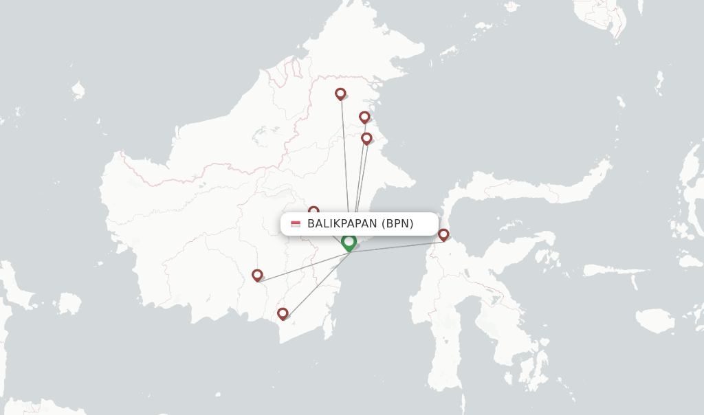Route map with flights from Balikpapan with Wings Air