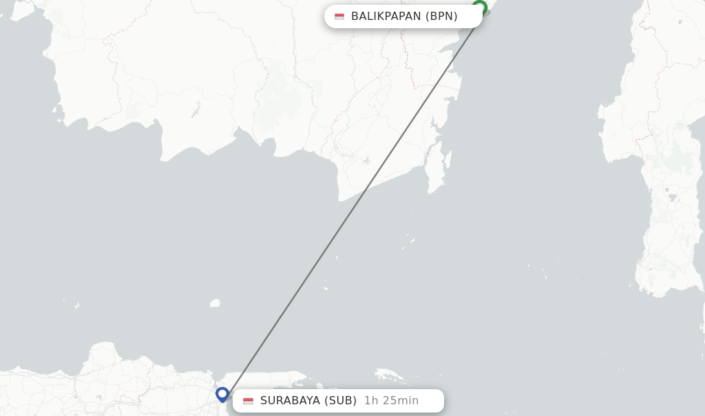 Flights from Balikpapan to Surabaya route map