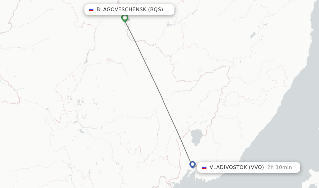 Flights from Blagoveschensk to Vladivostok route map