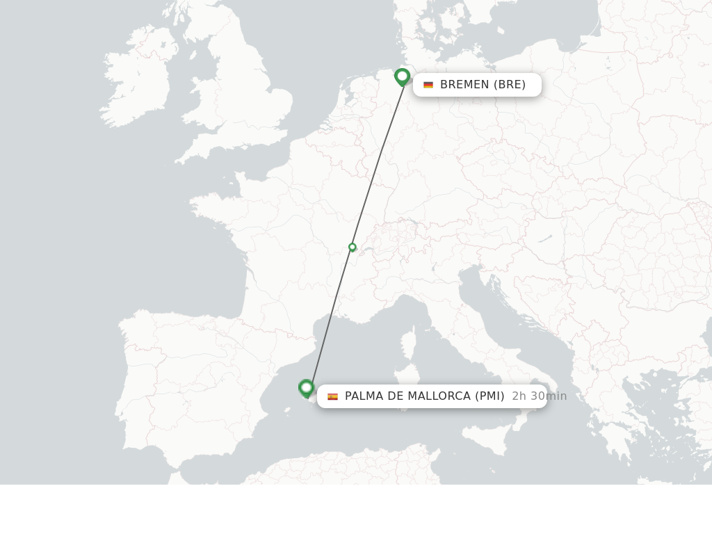 Flights from Bremen to Palma de Mallorca route map