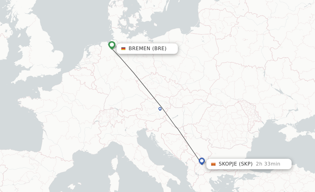 Flights from Bremen to Skopje route map