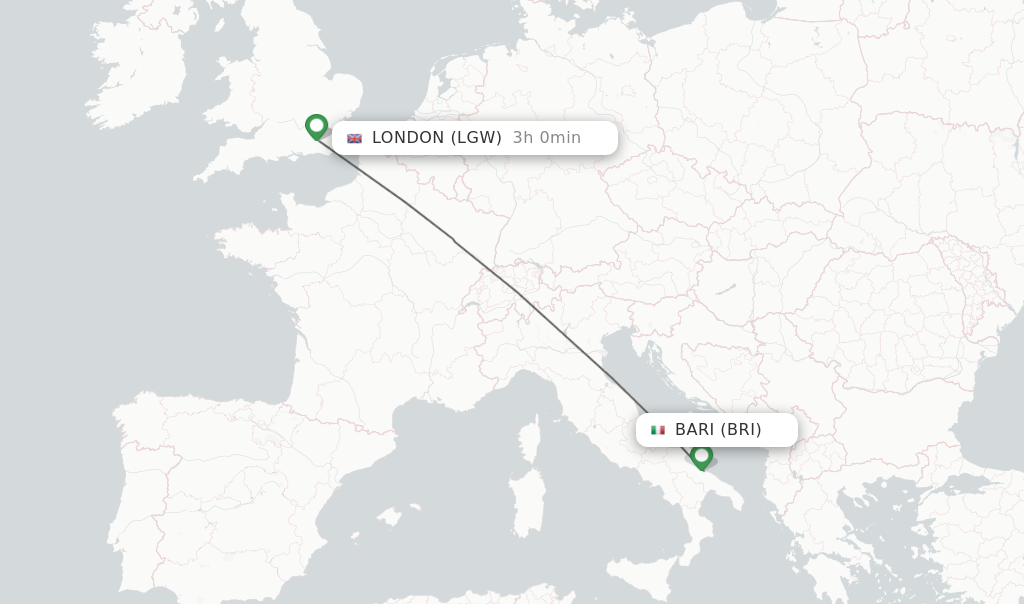 Flights from Bari to London route map