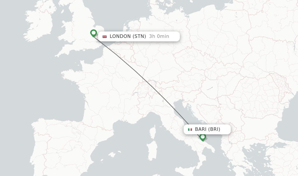 Flights from Bari to London route map