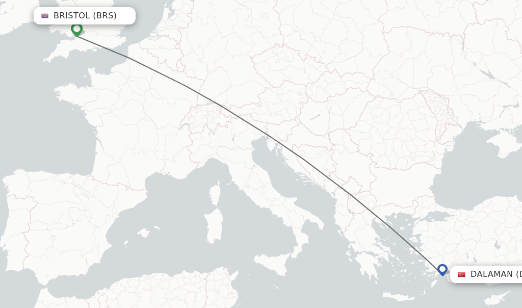 Flights from Bristol to Dalaman route map