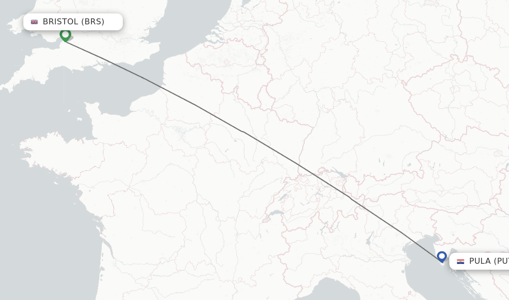 Flights from Bristol to Pula route map