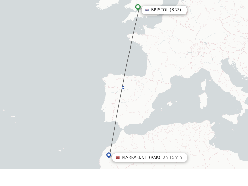 Flights from Bristol to Marrakech route map